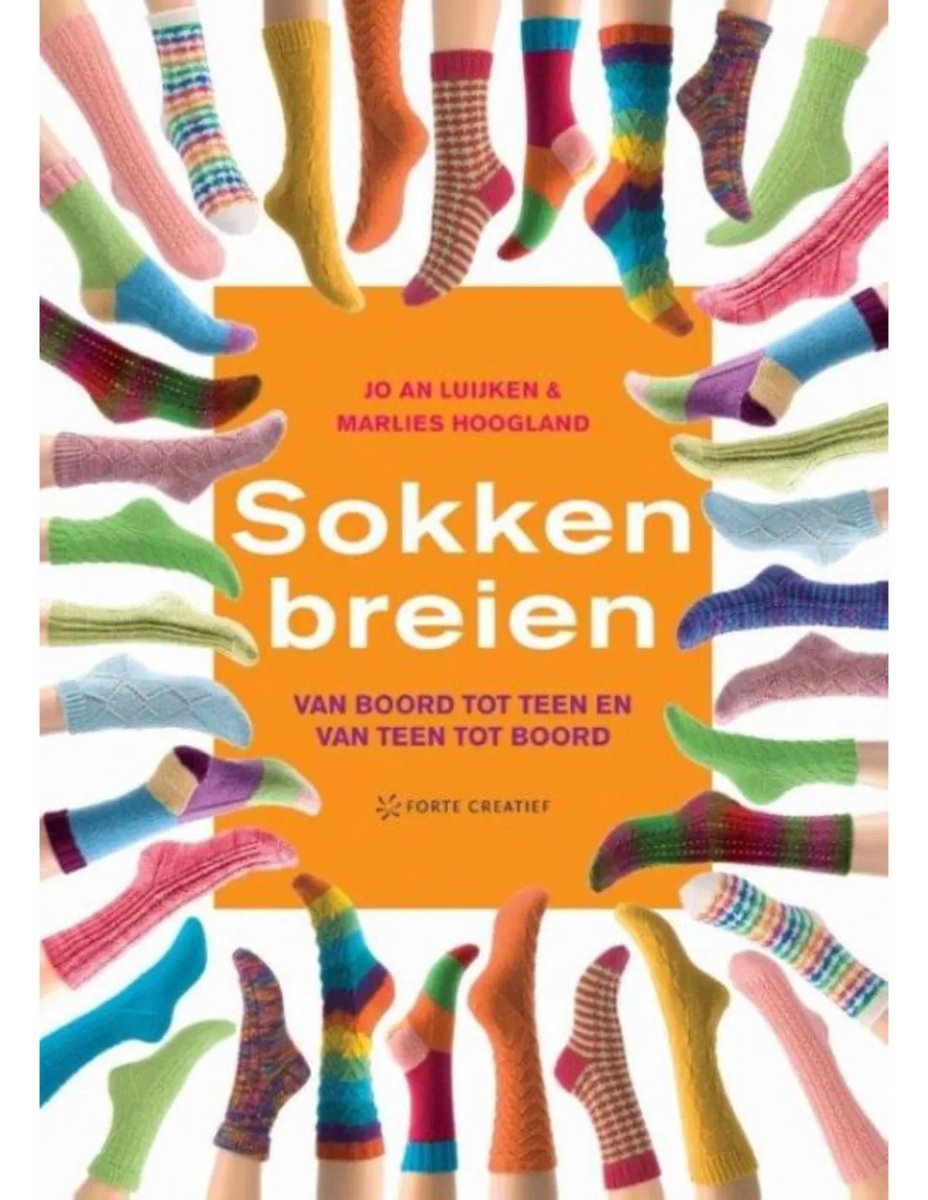 Boekomslag met veel kleurrijke gebreide sokken, 'Sokken breien' staat in grote letters.