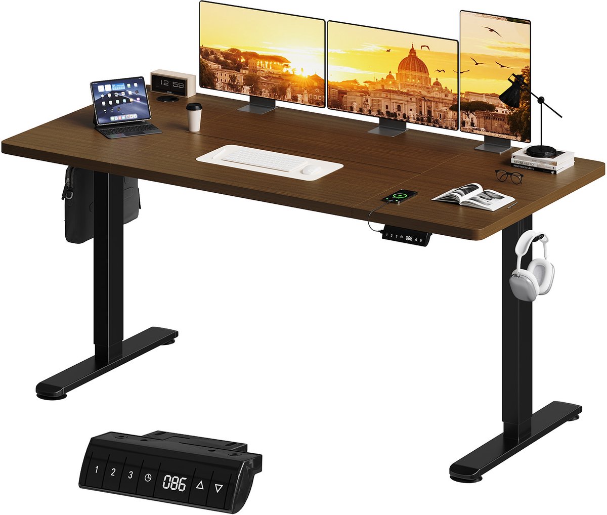 Devoko Elektrisch Zit-Sta Bureau 160x80 cm – 18 mm Dik Tafelblad – 3 Geheugenstanden – USB en Zit-alarm – Kabelmanagement – Zwart frame met walnootkleurig blad