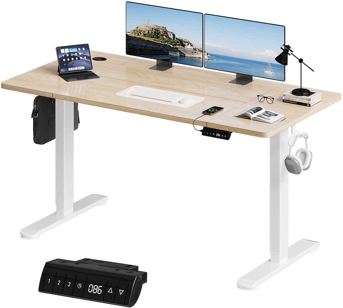 Devoko Elektrisch Zit-Sta Bureau 140x70 cm – 18 mm Dik Tafelblad – 3 Geheugenstanden – USB en Zit-alarm – Kabelmanagement – Wit frame met houtkleurig blad