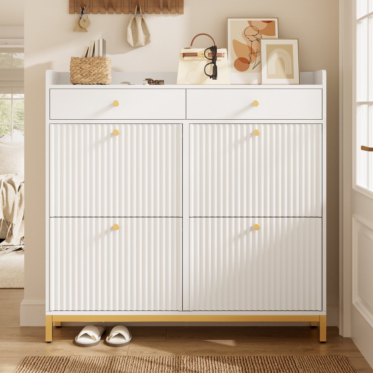 VVBV Schoenenkast 106.5x25x107 cm - Smal Ontwerp, Opbergruimte, 2 Lades - Wit, Spaanplaat
