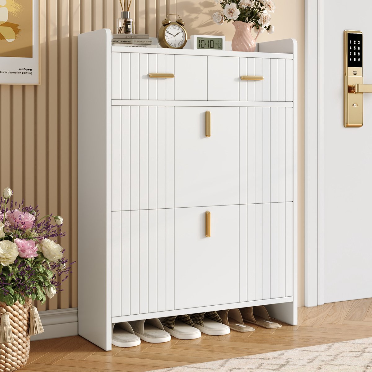 VVBV Schoenenkast 75x24x108.5 cm - 2 Klepvakken, Smal Ontwerp, Opbergruimte, Met Lades - Wit, Spaanplaat