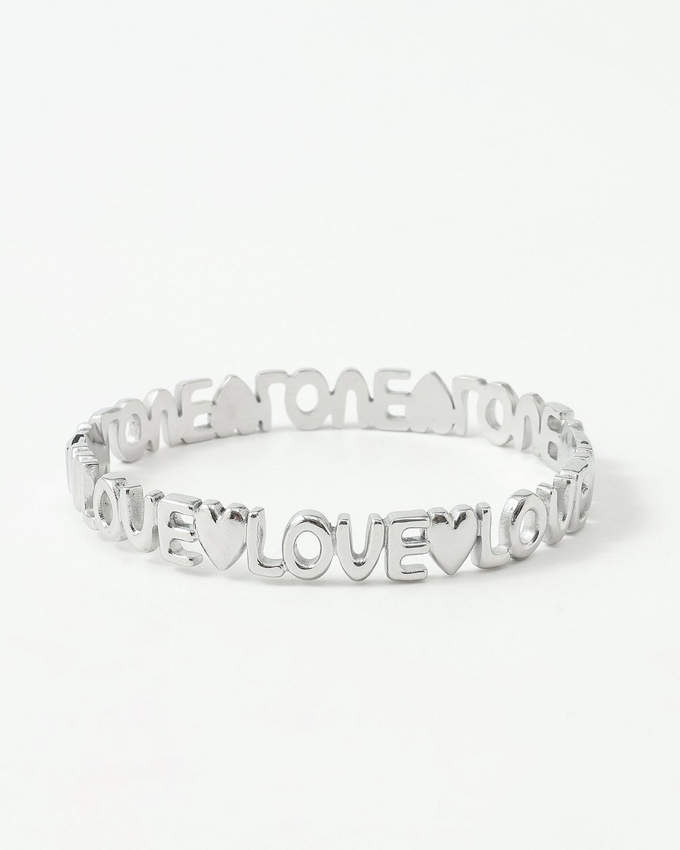 Nouka Dames Armband - Stainless Steel - Zilver Gekleurde Bangle - Met Love en Hartjes - Combineren - Cadeau voor Vrouwen - Cadeau Voor Moeder