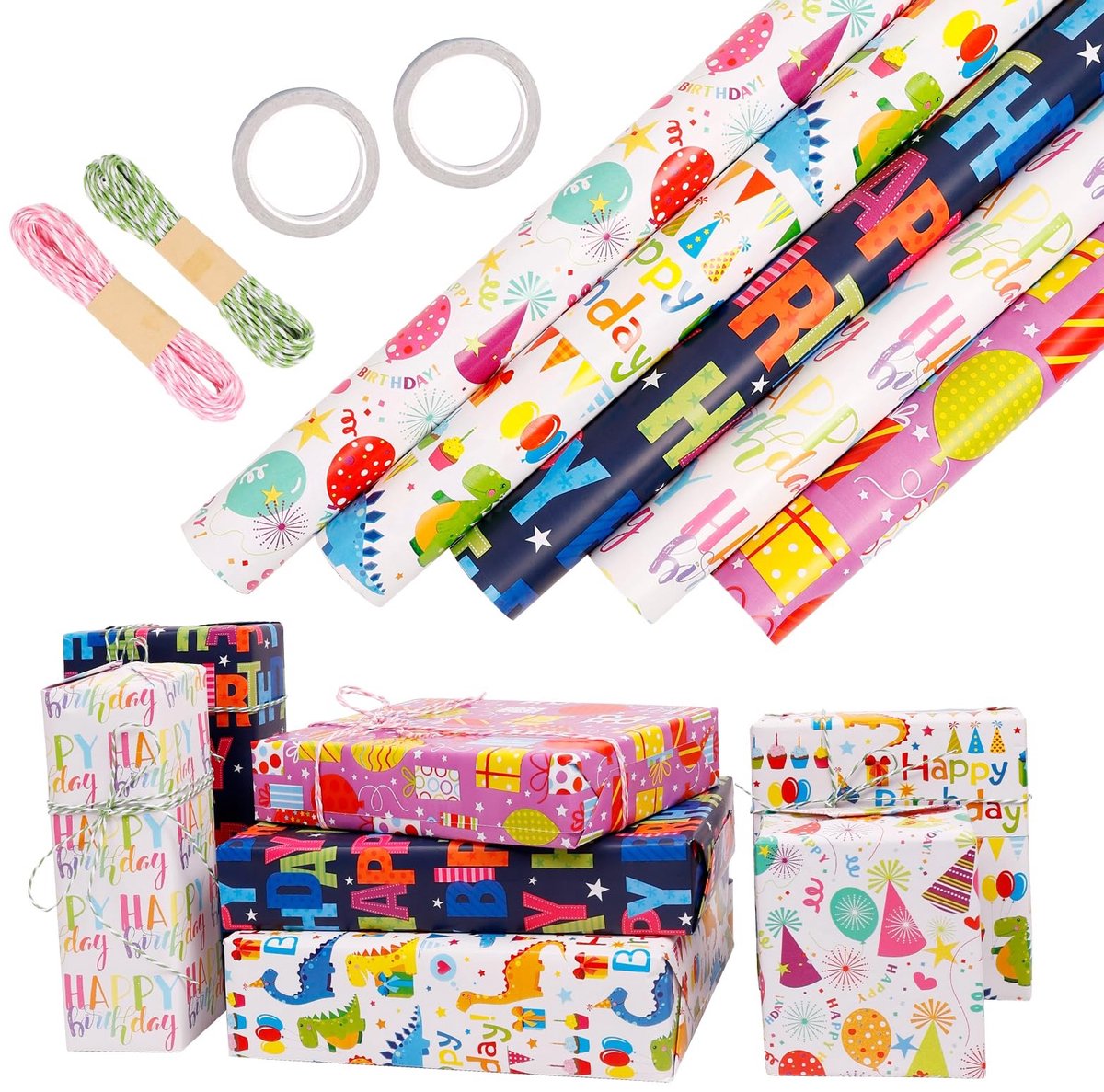 Solidchoice - Set van 5 Cadeaupapier Rollen met Dinosaurusthema