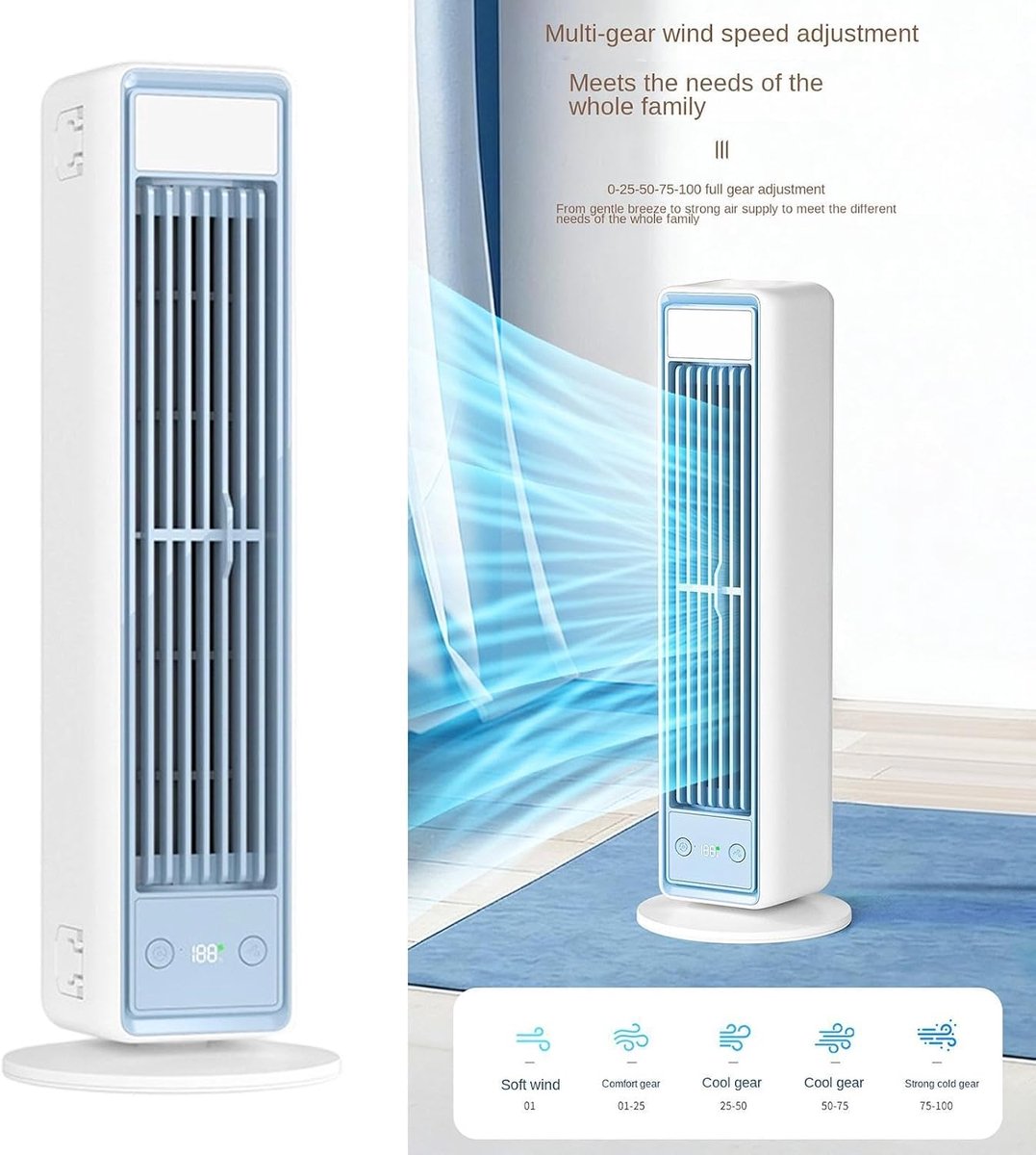 Bladeloze torenventilator, 5 instelbare snelheden, inclusief afstandsbediening, stille roterende luchtkoeler, draagbare mini-airconditioner, energiebesparend model voor de slaapkamer