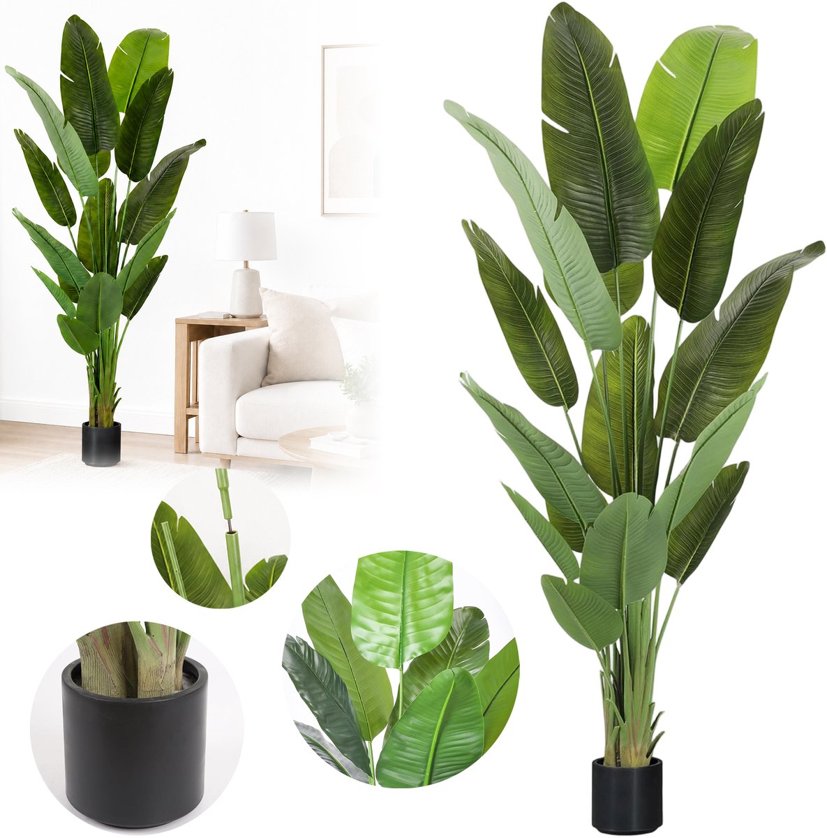 Wishdor Kunstplant Strelitzia 180 cm - Levensechte Reizigersboom - Grote Kunst Palmboom incl. Zwarte Pot voor Binnen - Woonkamer Decoratie