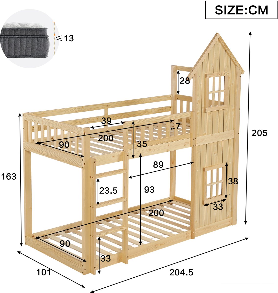 Merax Stapelbed 90x200 cm - kinderbed - 2 prachtige ramen - mooi huisvormig - drie treden trap - omheining rondom - houtkleur - zonder matras