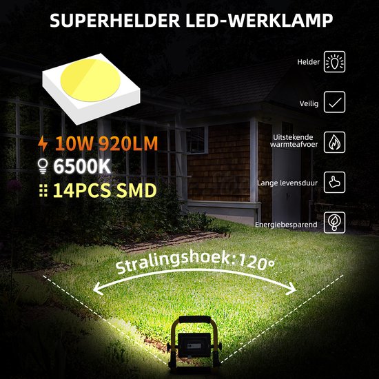 Gele LED werklamp verlicht een gazon 's nachts. Kenmerken: 10W, 920LM, 6500K, 14PCS SMD, 120° stralingshoek.