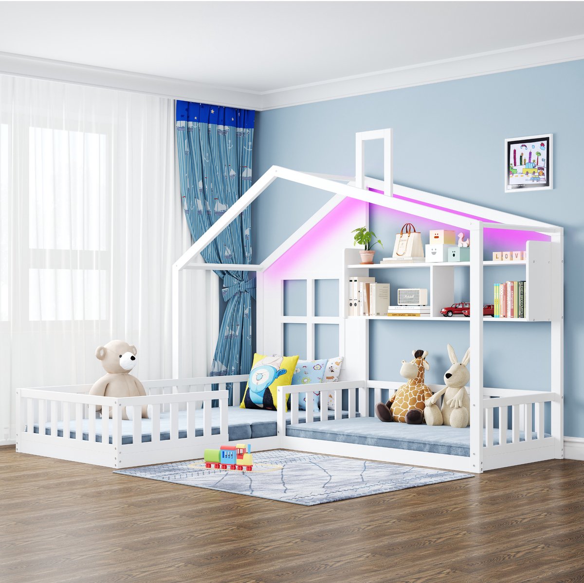 Kinderbed 90x200 cm - Huisvormig Bed Met LED-Verlichting - Met Regalen en Veiligheidshek - Voor Kinderen - Hout en MDF - Zonder Matras - Wit