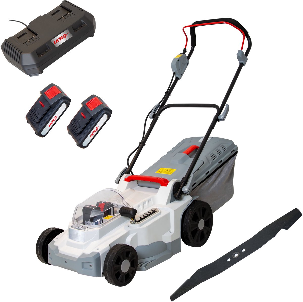 IKRA accu-grasmaaier ICM 2/2037 met mulch-functie, inclusief twee 20 V accu’s, dubbele snel-lader en reservemessen