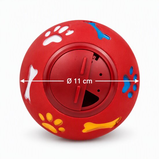Rode bal met poot- en botafdrukken, diameter 11 cm.