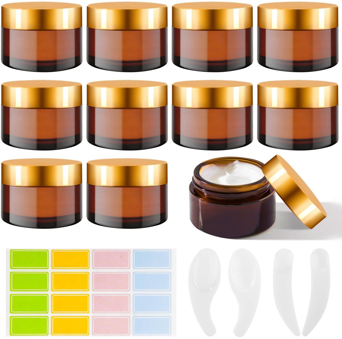 Solidchoice - Set van 10 Amber Glazen Cremepotten met Spatels en Labels