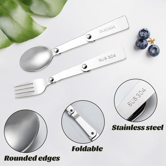 Folding Stainless Steel Spoon and Fork Set for Outdoor Picnic, Travel, Camping - 2 Pcs — afbeelding 2