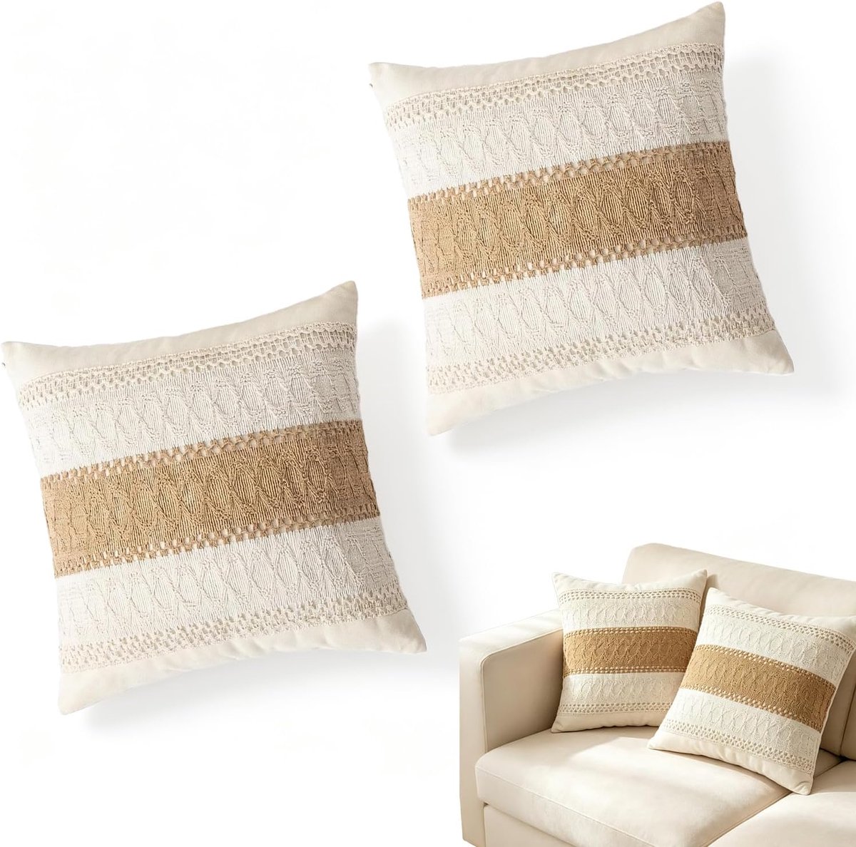 DKLUOLAN 2er Set Boho Kussenhoezen 40x40 Khaki - Decoratieve Katoen-Linnen Kussenhouders voor Sofa - slaapkamer & woonkamer – Stijlvolle decoratieve kussenhoezen voor een comfortabele ruimte-ontwerp Kaki