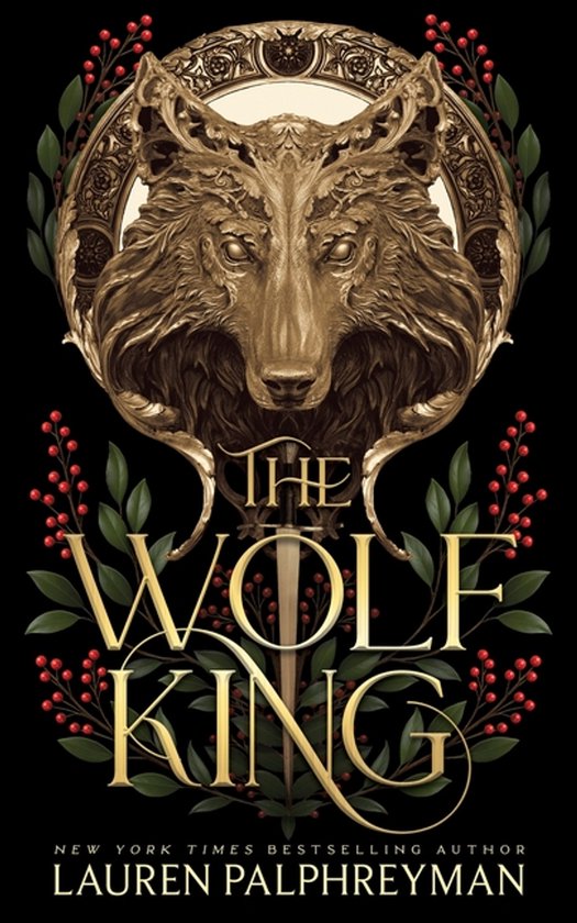 Couverture du livre 'The Wolf King' avec une tête de loup dorée, des baies rouges, des feuilles vertes et une épée.
