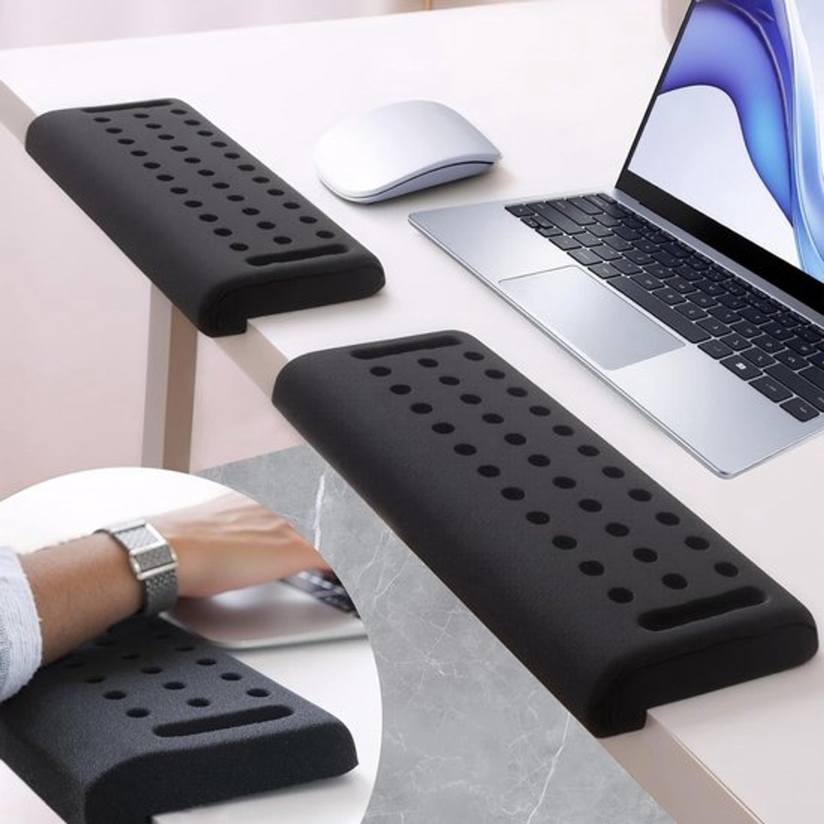 Ergonomische L-vormige polssteunen van traagschuim - 2 stuks, antislip, ideaal voor kantoor en thuiswerk, vermindert belasting tijdens het typen