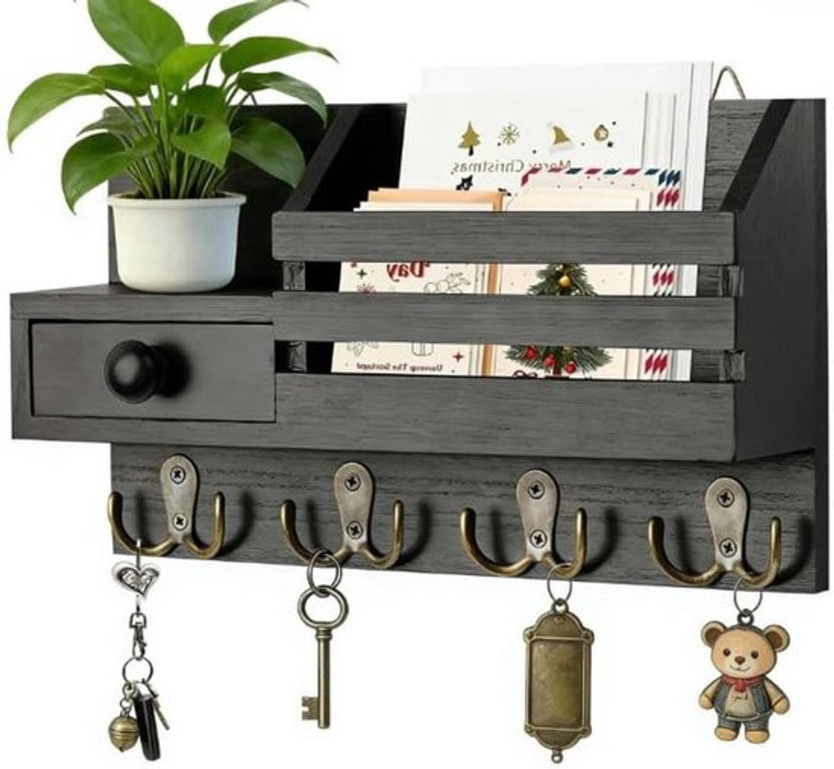 Houten sleutelrek met plank en 4 dubbele haken, multifunctionele opberglade voor entree en hal, ideaal voor woonkamer en kantoor, zwart