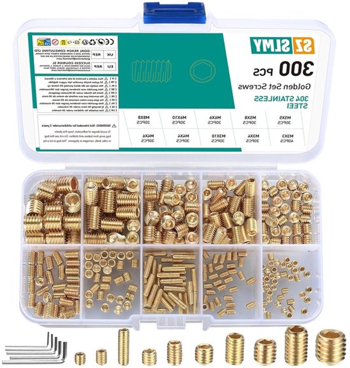Set van 300 borgschroeven M3, M4, M5, M6, M8 - hexagonale kop schroeven voor houten deuren met 5 inbussleutels en diverse maten