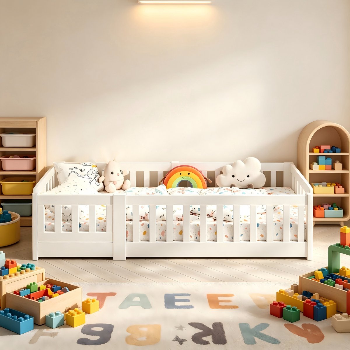 ROSAHQNDA Montessori vloerbed, 120x200 cm, unisex, met veiligheidshekjes, massief grenenhout, eenpersoons kinderbedframe, Wit