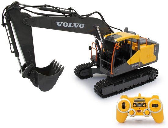 Gele en zwarte Volvo EC160E RC graafmachine met zwarte rupsbanden en afstandsbediening.