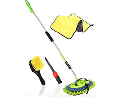 QUOVO® Autowasborstel Telescopisch - Wasborstel Met Telescopische steel – Telescoop Wasborstel Met Zachte Borstel Haren – Uitschuifbare Wasborstel Auto Met Microvezeldoek en accessoires – Was Borstel – Geel - 160cm x 10cm x 8cm