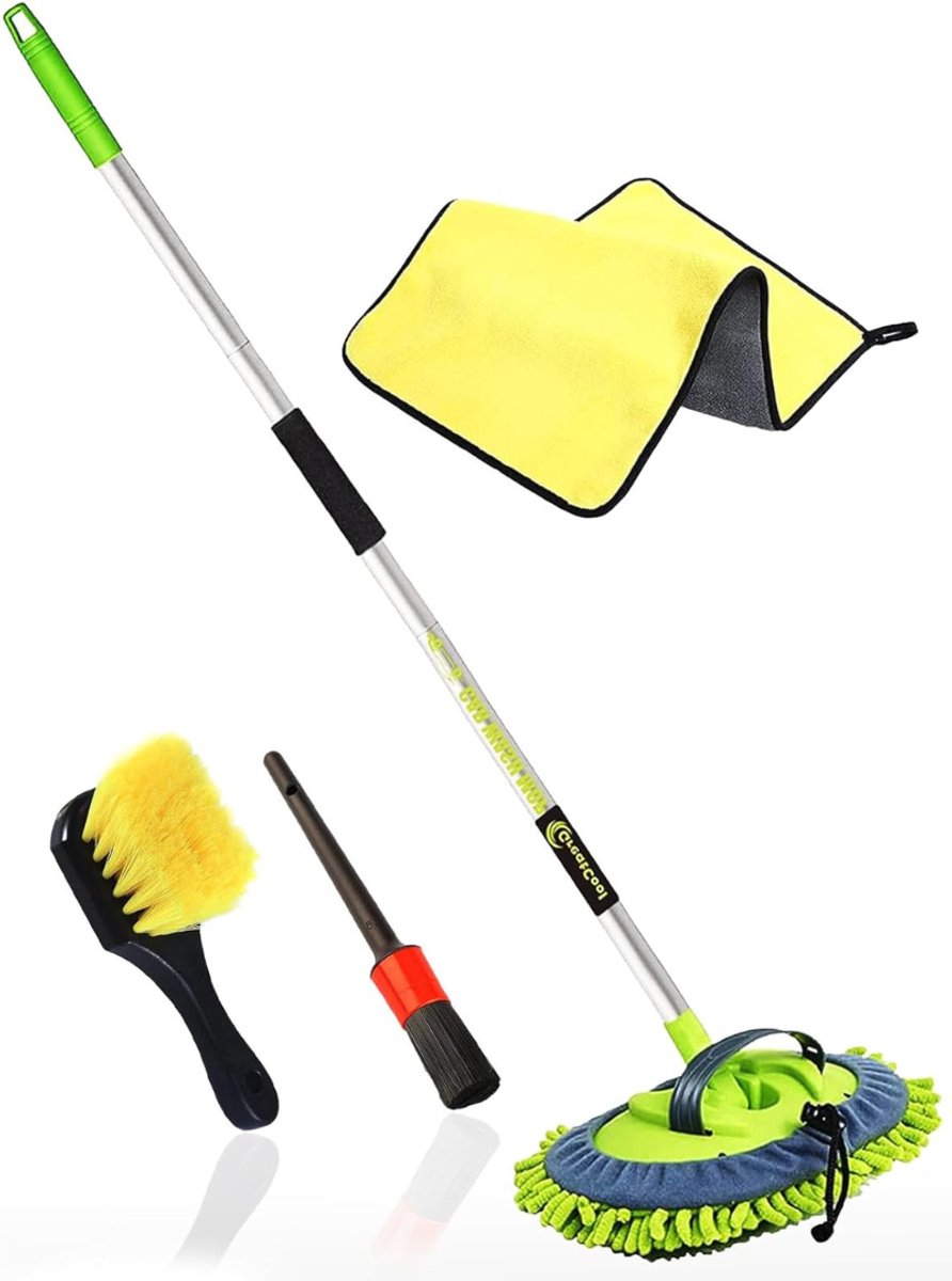 QUOVO® Autowasborstel Telescopisch - Wasborstel Met Telescopische steel – Telescoop Wasborstel Met Zachte Borstel Haren – Uitschuifbare Wasborstel Auto Met Microvezeldoek en accessoires – Was Borstel – Geel - 160cm x 10cm x 8cm