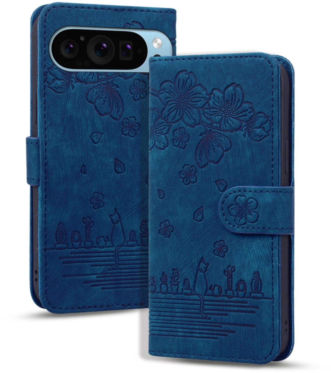 BookCover Hoes Etui geschikt voor Google Pixel 9 - 9 Pro - 10 - 10 Pro - Blauw - Bloemen Kat - Reliëf