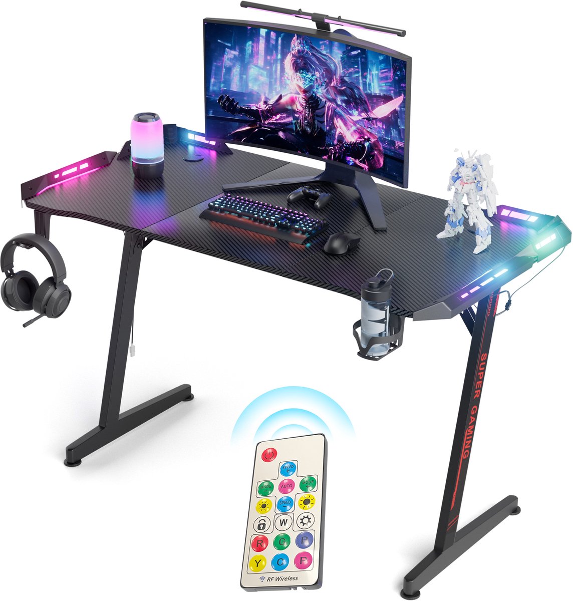 Arvioo - L07 gaming bureau 120x60cm - RGB LED verlichting - Z-vormig frame - carbon blad