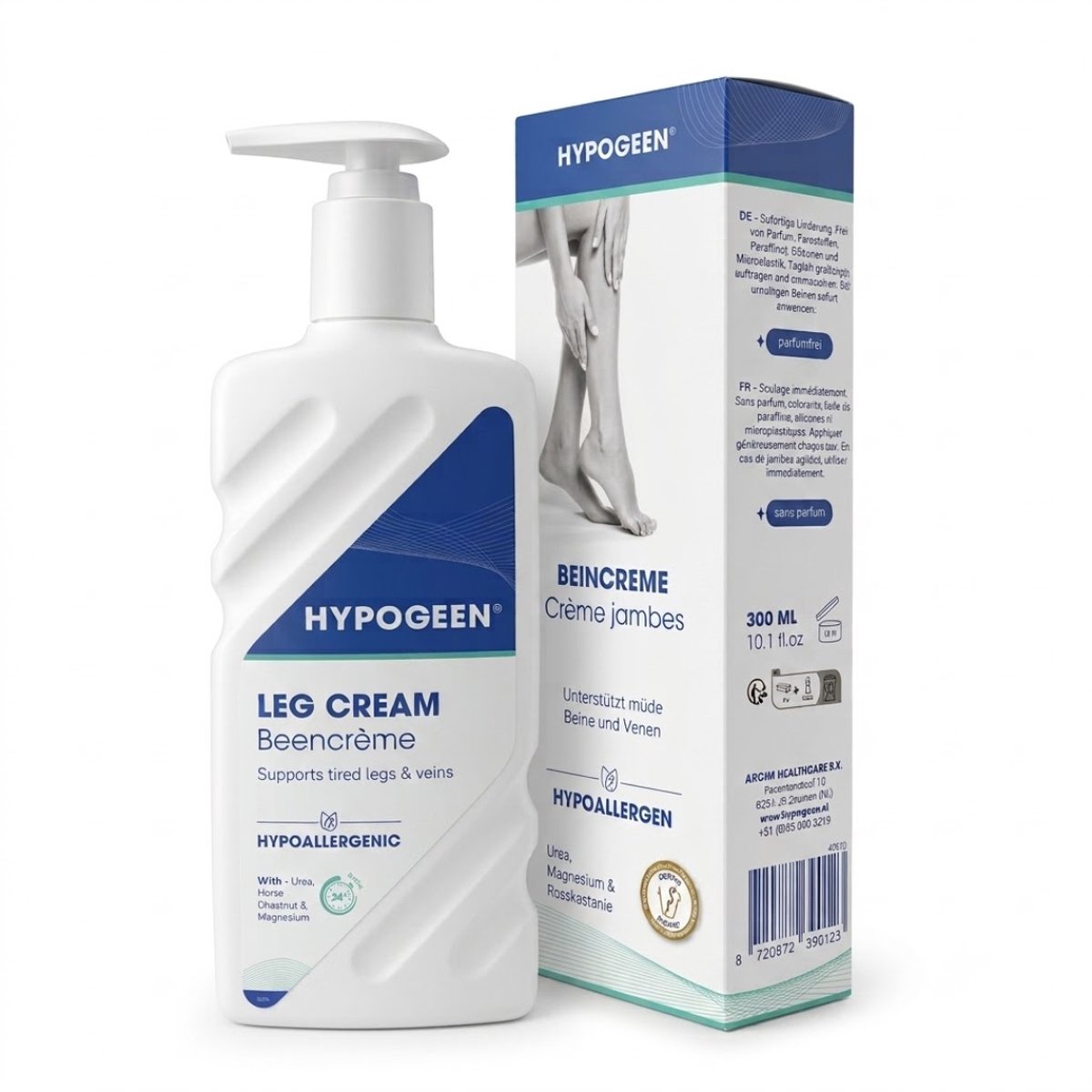 Hypogeen Beencrème met Magnesium & Paardenkastanje - Voor Zware, Vermoeide en Onrustige Benen - Geschikt Onder Steunkousen - Parfumvrij - Pompflacon 300 ml