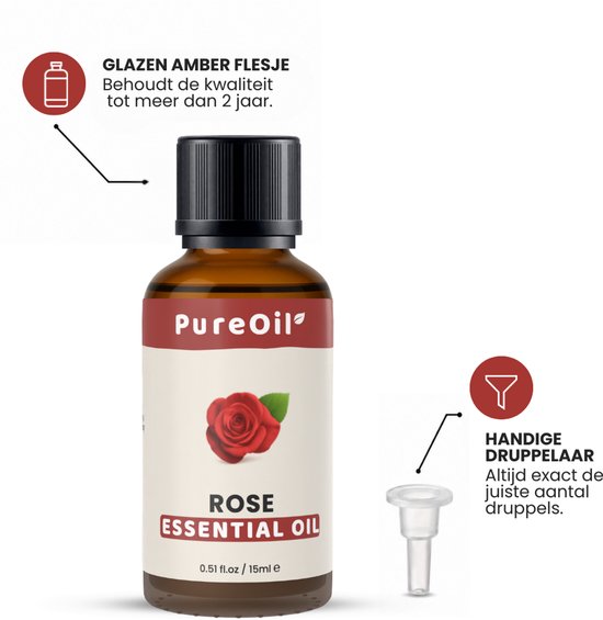 Amberkleurig glazen flesje PureOil Roos etherische olie, 15ml, met druppelaar. Tekst: 'GLAZEN AMBER FLESJE' & 'HANDIGE DRUPPELAAR'.