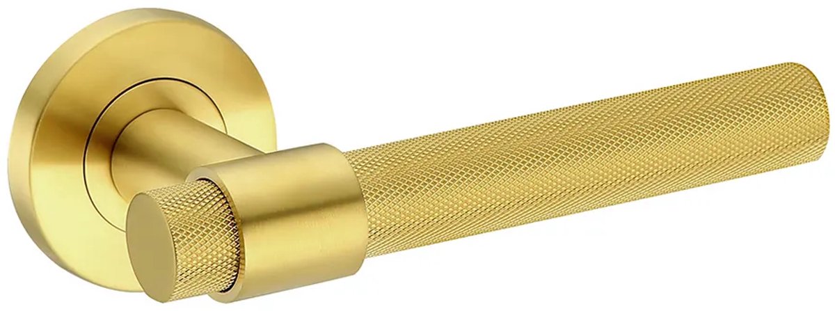 Deurkruk (2x) Ambra rond massief geribbelde diamant greep 20mm met een schroefrozet geborsteld messing PVD gecoat | Ronde deurklinken