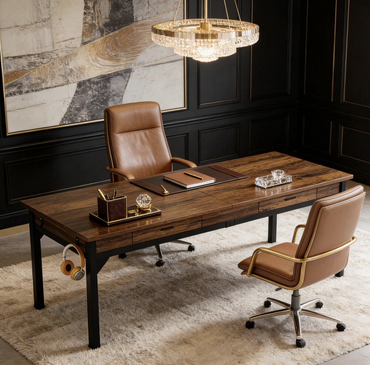 REDOM - Bureau - Dubbelschreibtisch voor 2 personen - Met 2 lades en 2 haken - Metaal en spaanplaat - Industrieel - Woonkamer - Zwart, Bruin - 200 x 60 x 82 cm