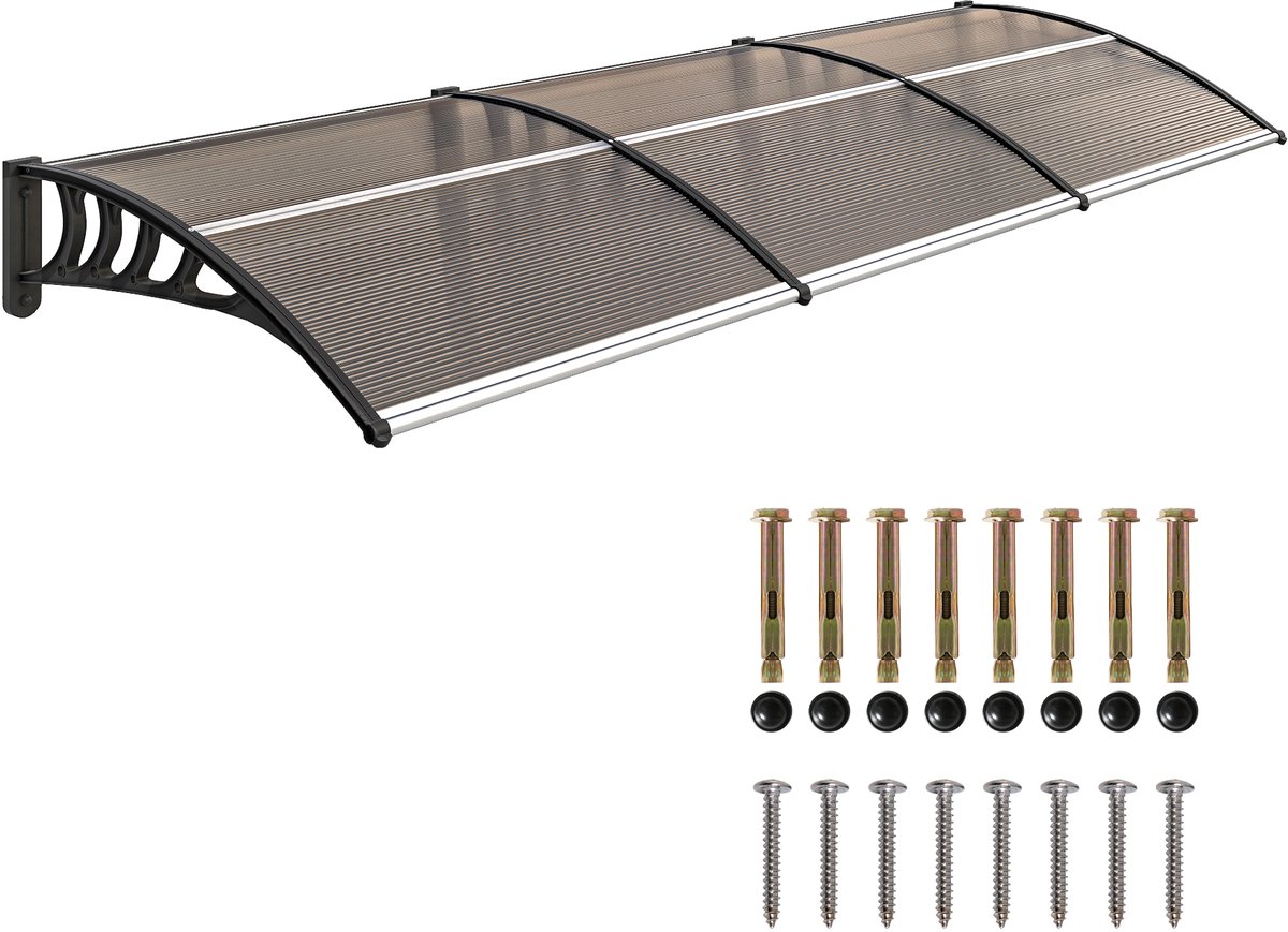 Voordeurluifel 303 x 96 cm – van aluminium en polycarbonaat – transparante gewelfde luifel – voordeurluifel bij de ingang – kastanjebruin