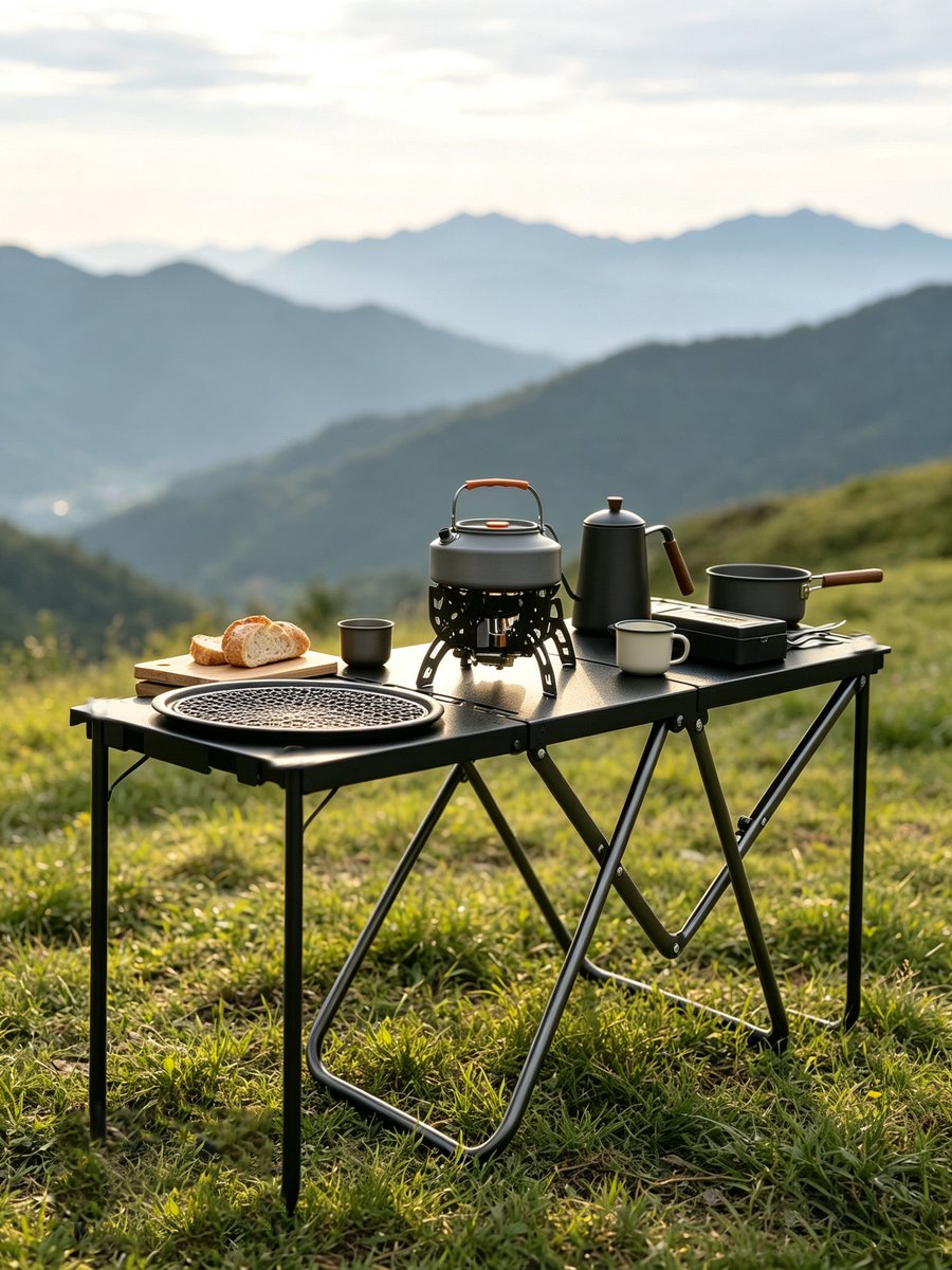Opvouwbare campingtafel met grill gemaakt van zwart metaal draagbaar ontwerp geschikt voor kamperen picknicken tuinieren en andere buitenactiviteiten Afmetingen 58 x 36 x 40 cm