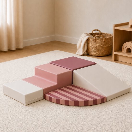 Set van zachte, roze en crèmekleurige klimblokken met verschillende vormen, inclusief een ronde met strepen.