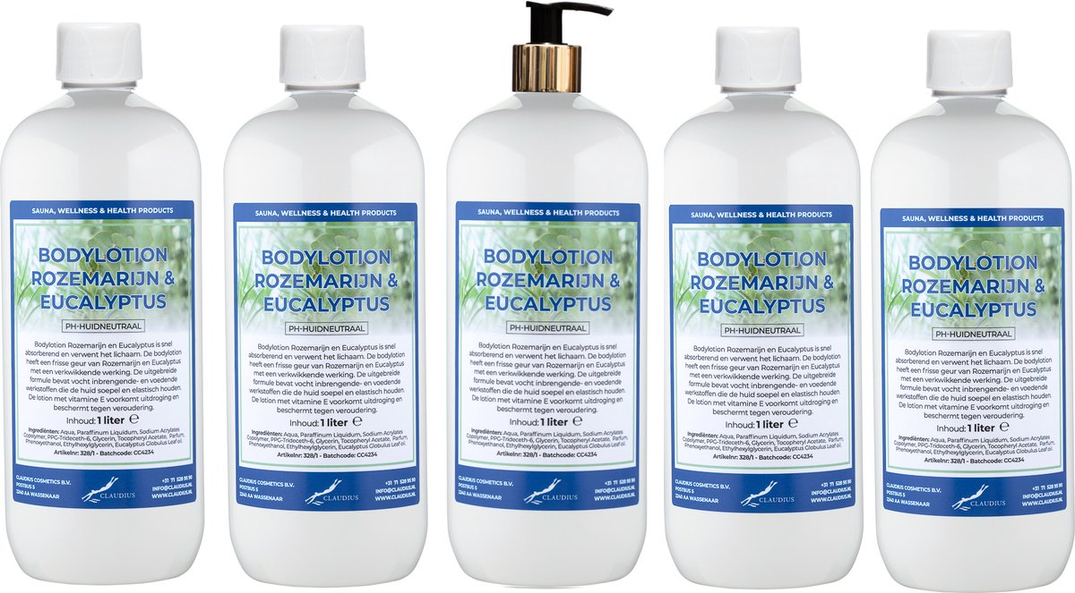 Bodylotion Rozemarijn & Eucalyptus 1 Liter - met gouden pomp - set van 5 stuks - Voordeelverpakking