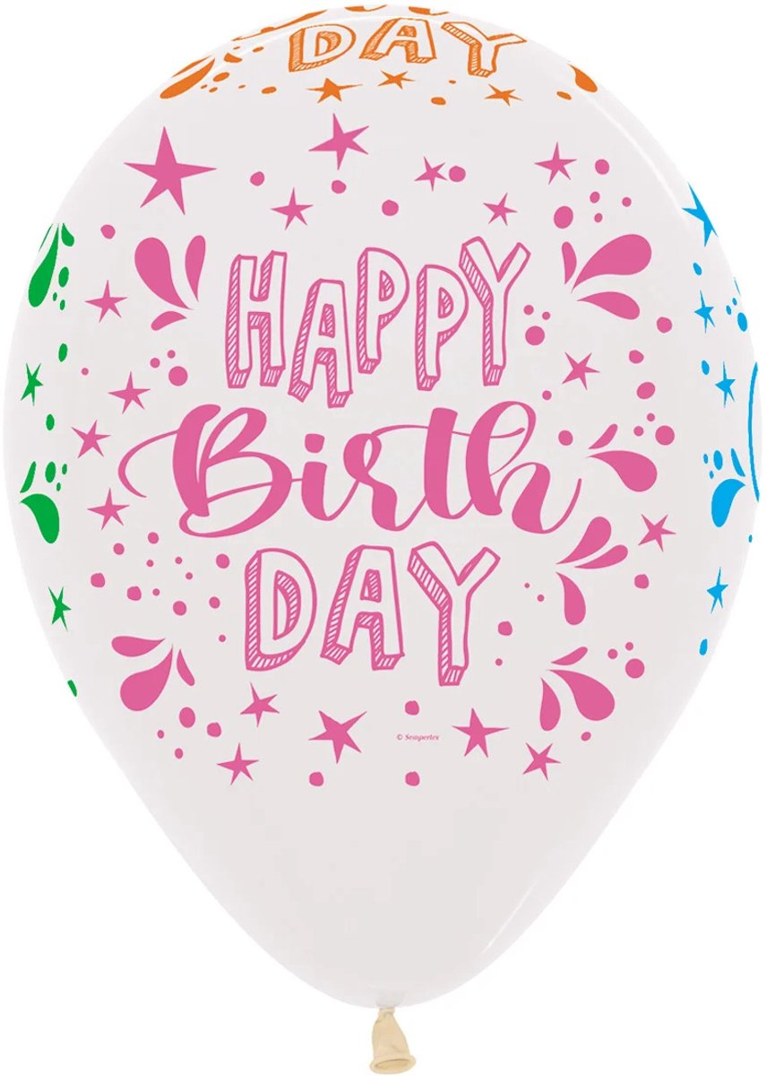 25x Transparante ballonnen 30 cm met Happy Birthday neon opdruk van Sempertex