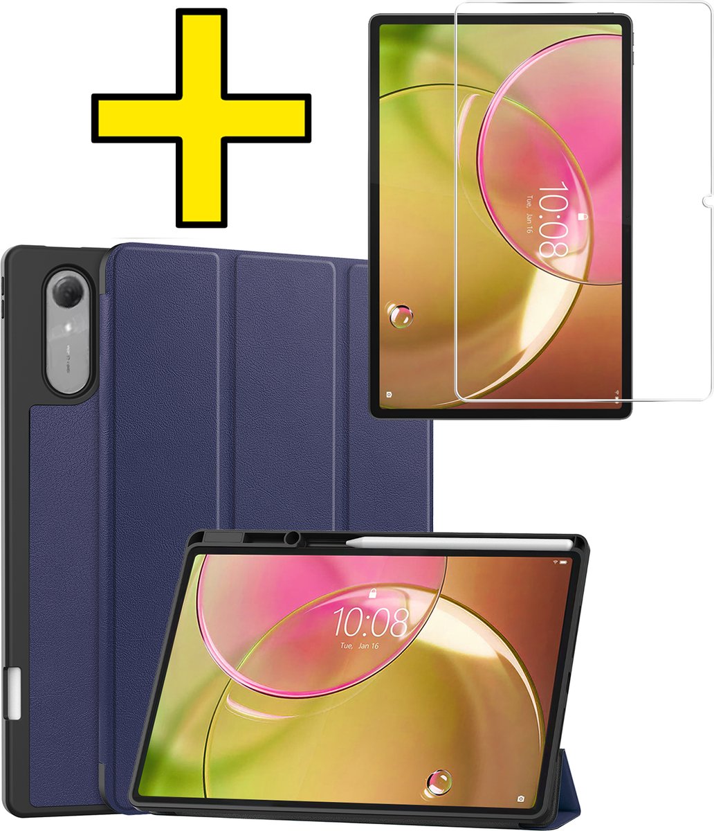 Hoes - Geschikt voor Lenovo Idea Tab Pro Gen 2 - Met Screenprotector - Trifold Bookcase - Hard Cover Case - Met Uitsparing Geschikt voor Lenovo Pen - Hardcover Book - Tablet Hoesje - Donkerblauw