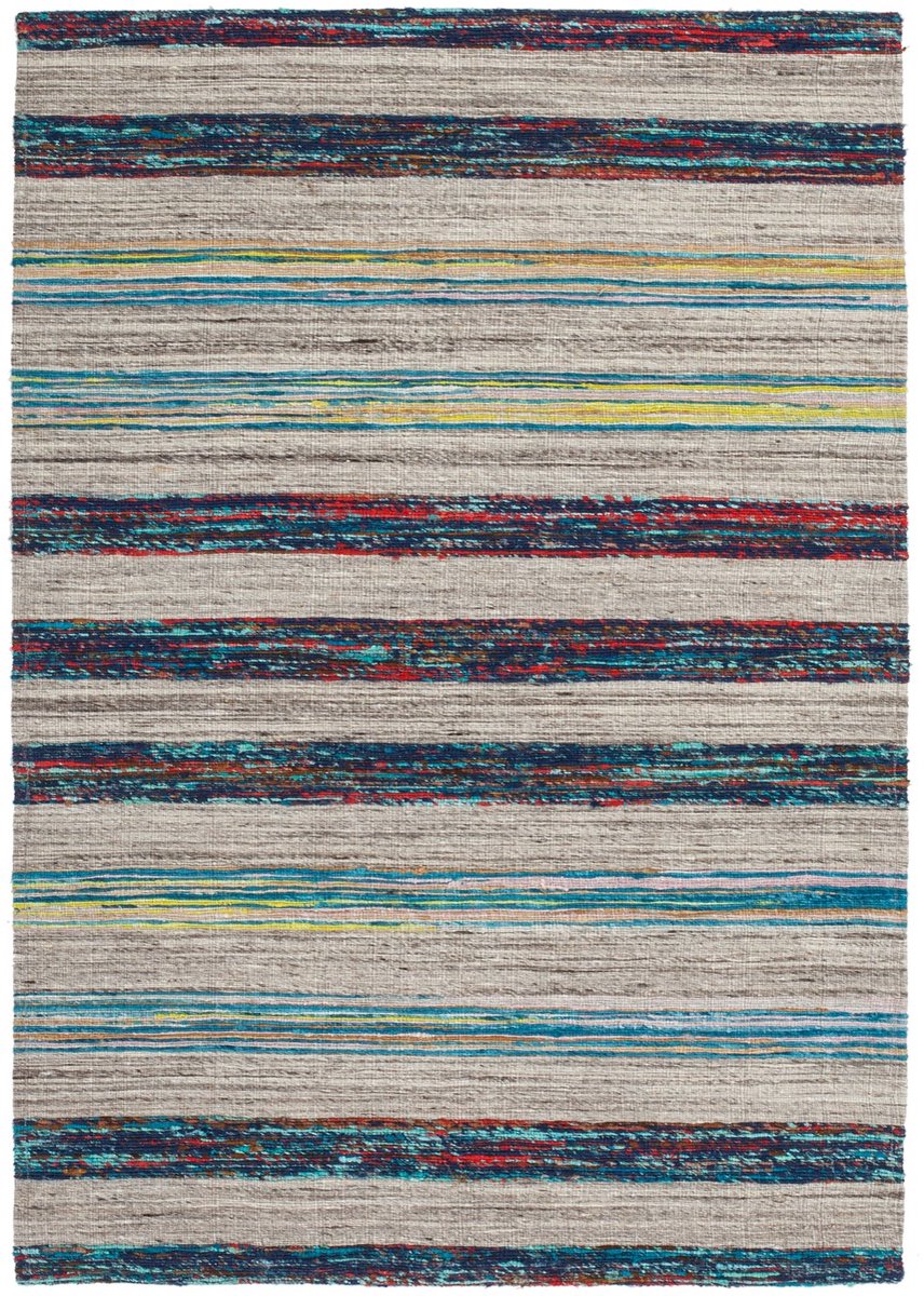 Padiro laagpolig vloerkleed 80 x 150 cm - naturel / blauw - modern streeppatroon - geschikt voor vloerverwarming - van wol en katoen en zijde