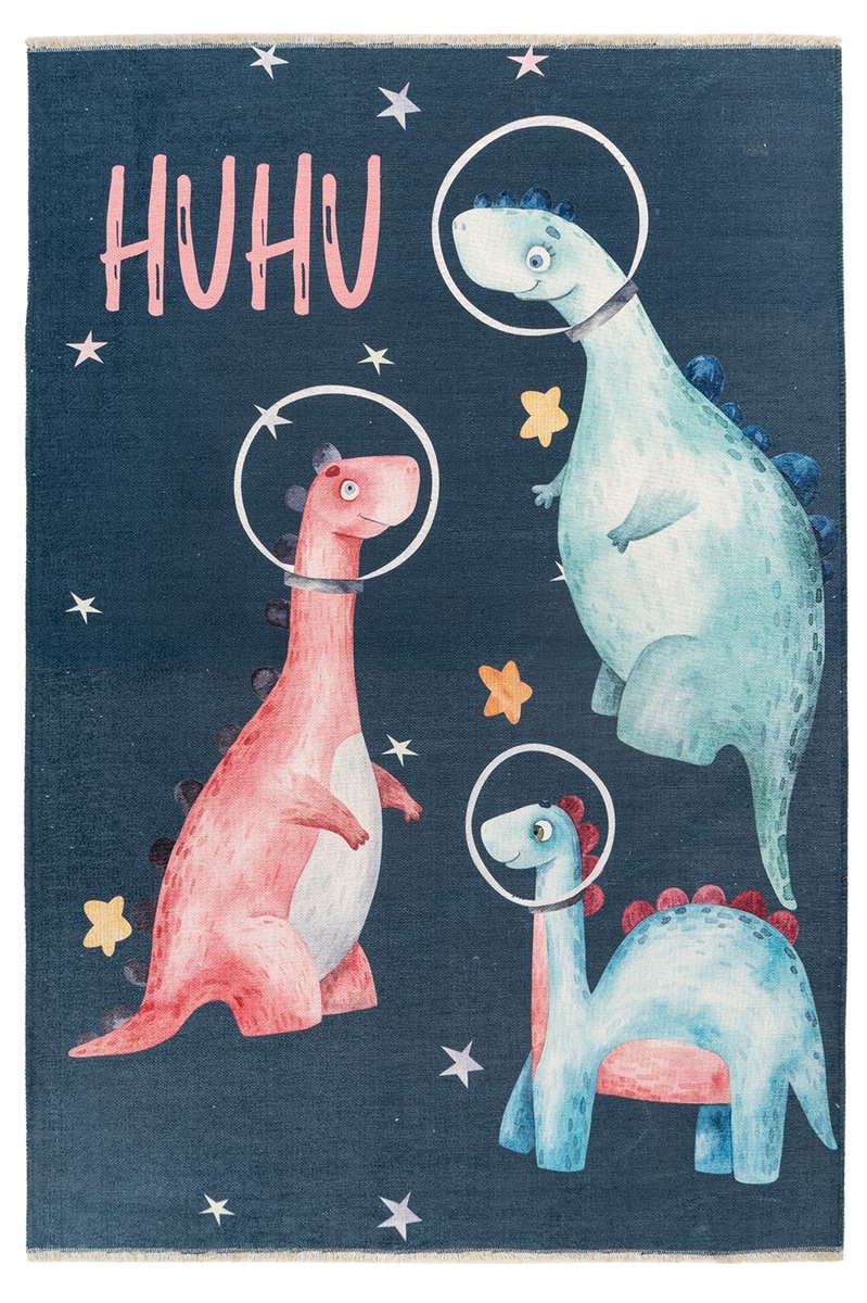 Padiro kindervloerkleed 115 x 170 cm - meerkleurig - speels kindermotief - met dinosaurus astronautmotief - met franjes - van gerecycled katoen en polyester