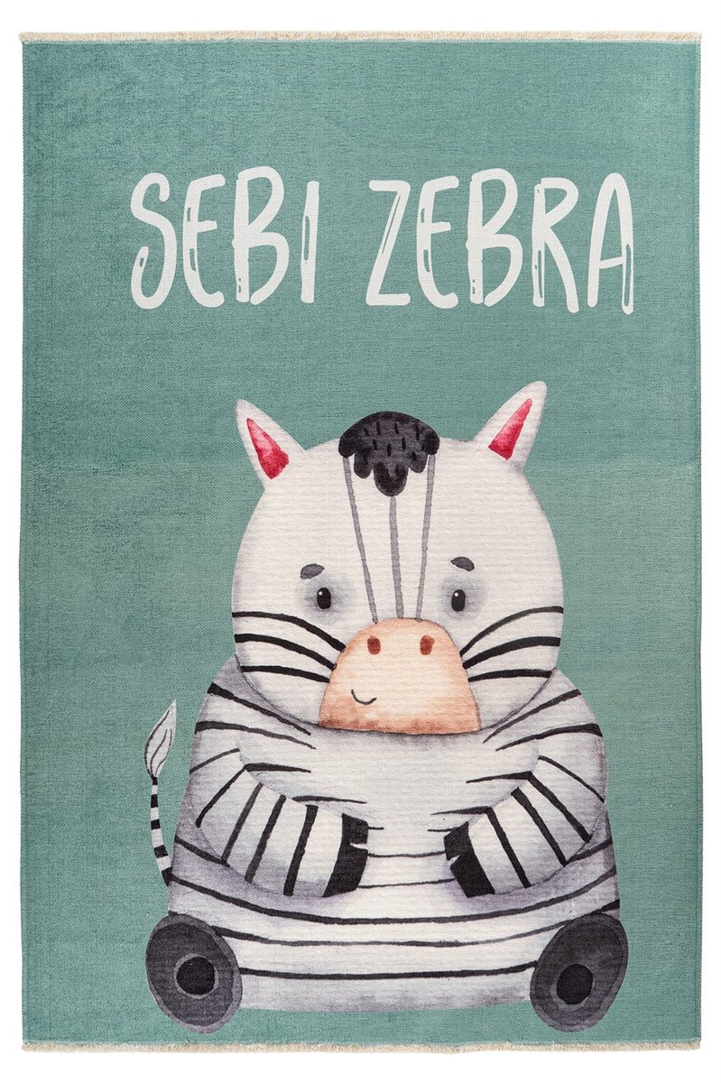 Padiro kindervloerkleed 115 x 170 cm - meerkleurig - speels kindermotief - met zebra motief - met franjes - van katoen en polyester