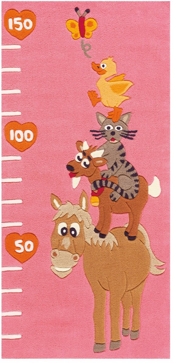 Padiro kindervloerkleed 75 x 160 cm - roze - speels effen design - met dieren maatmetingsmotief - geschikt voor vloerverwarming - van modacryl