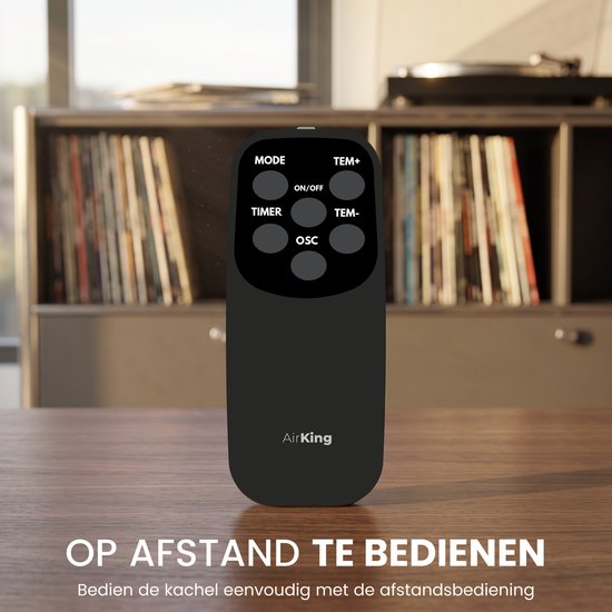 Zwarte afstandsbediening met knoppen voor AirKing kachel: MODE, TIMER, OSC, ON/OFF, TEM+, TEM-