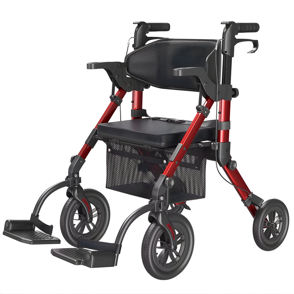 Walker voor ouderen – Voor senioren / dagelijks gebruik – Rolstoelcombinatie met zitje, licht en opvouwbaar – Rood