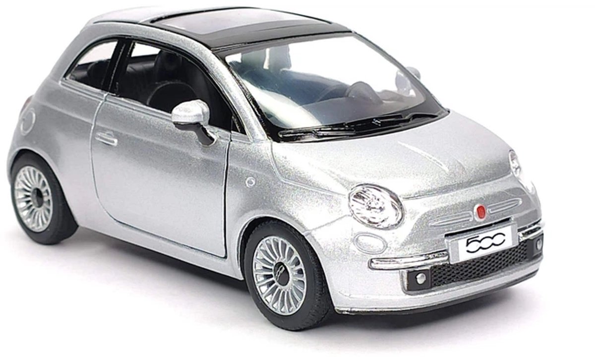 Fiat 500 2007 zilver pullback motor - Gegoten modelauto op schaal 1/24 kinsmart