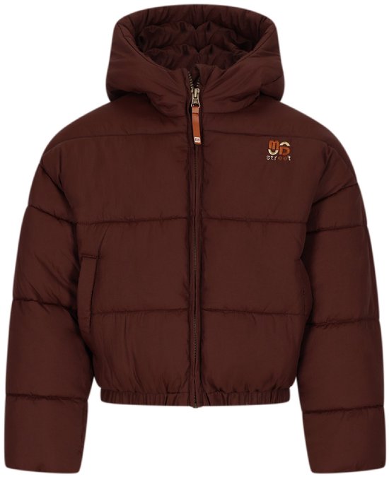 Bruine, korte pufferjas voor kinderen met capuchon, ritssluiting en "Moodstreet" logo.