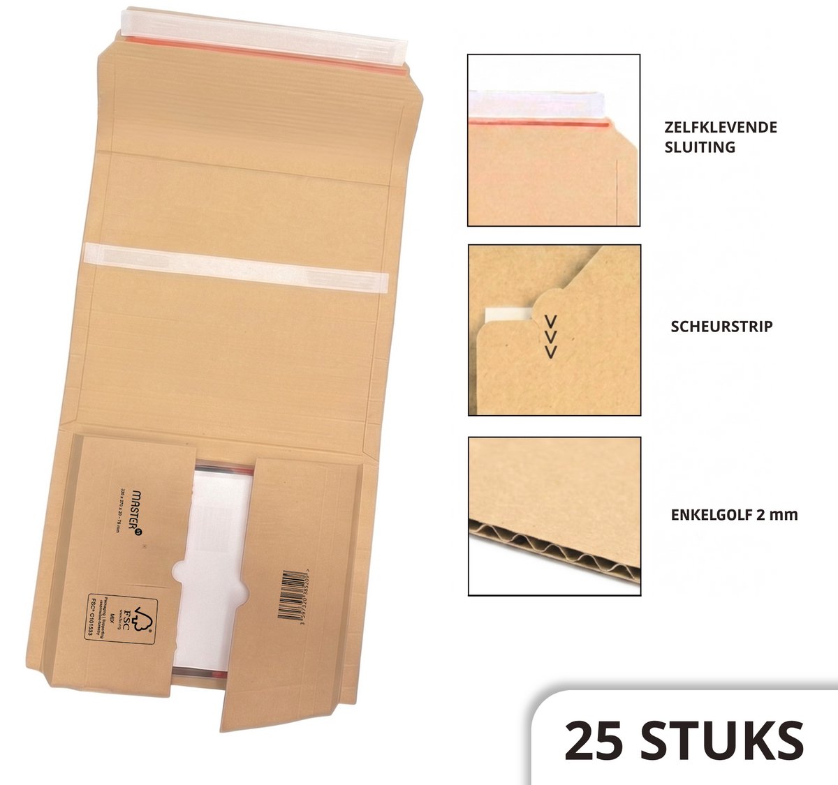 Master - 25 Stuks - Wikkel- Boekverpakking- 330 x 270 x 20-75mm -variabele hoogte -karton