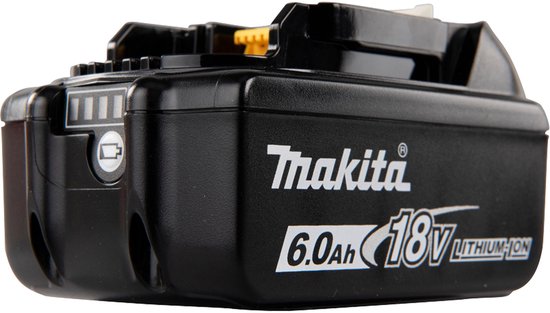 Makita 18V 6.0Ah lithium-ion accu met indicatorlampjes.