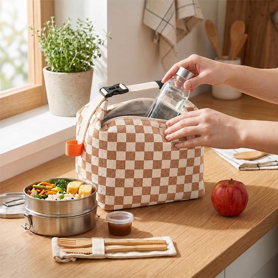 Kleine Lunchtas - 2 stuks - Thermal Bag - Koeltas - lunchtas dames corduroy - Opvouwbare Lunchtas - verstelbare handgreep - voor picknick, School, Lunch - 24x14x22cm - bruin em zwart — afbeelding 5