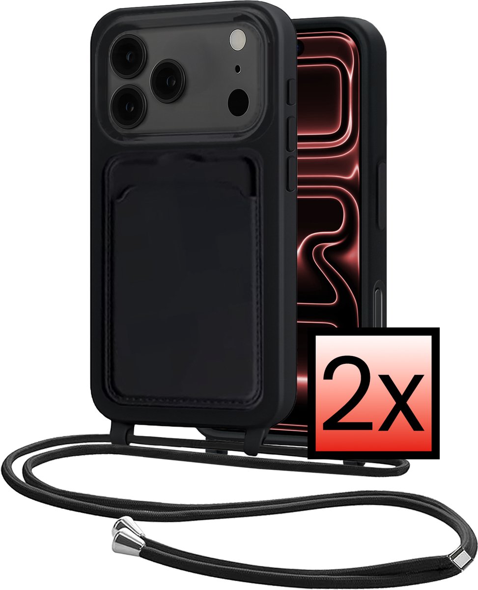 Hoes Geschikt voor iPhone 18 Pro Max Met Telefoonkoord - Siliconen Hoesje Backcover Met Ketting - Zwart - 2 PACK