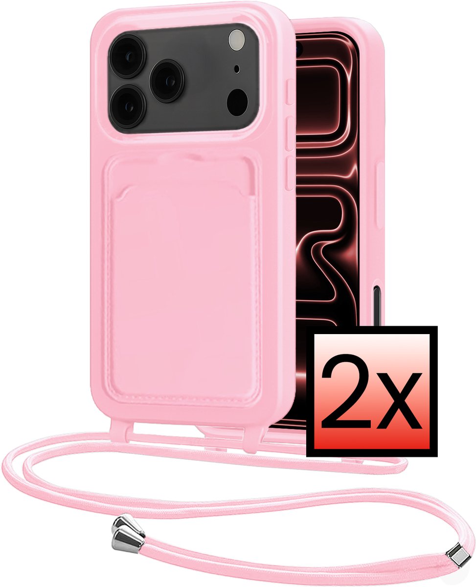 Hoes Geschikt voor iPhone 18 Pro Max Met Telefoonkoord - Siliconen Hoesje Backcover Met Ketting - Lichtroze - 2 PACK